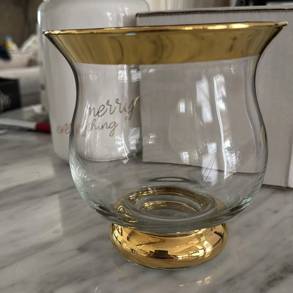 Crate&Barrel Gold Rimmed Glass Vase Minuet Hur Gold